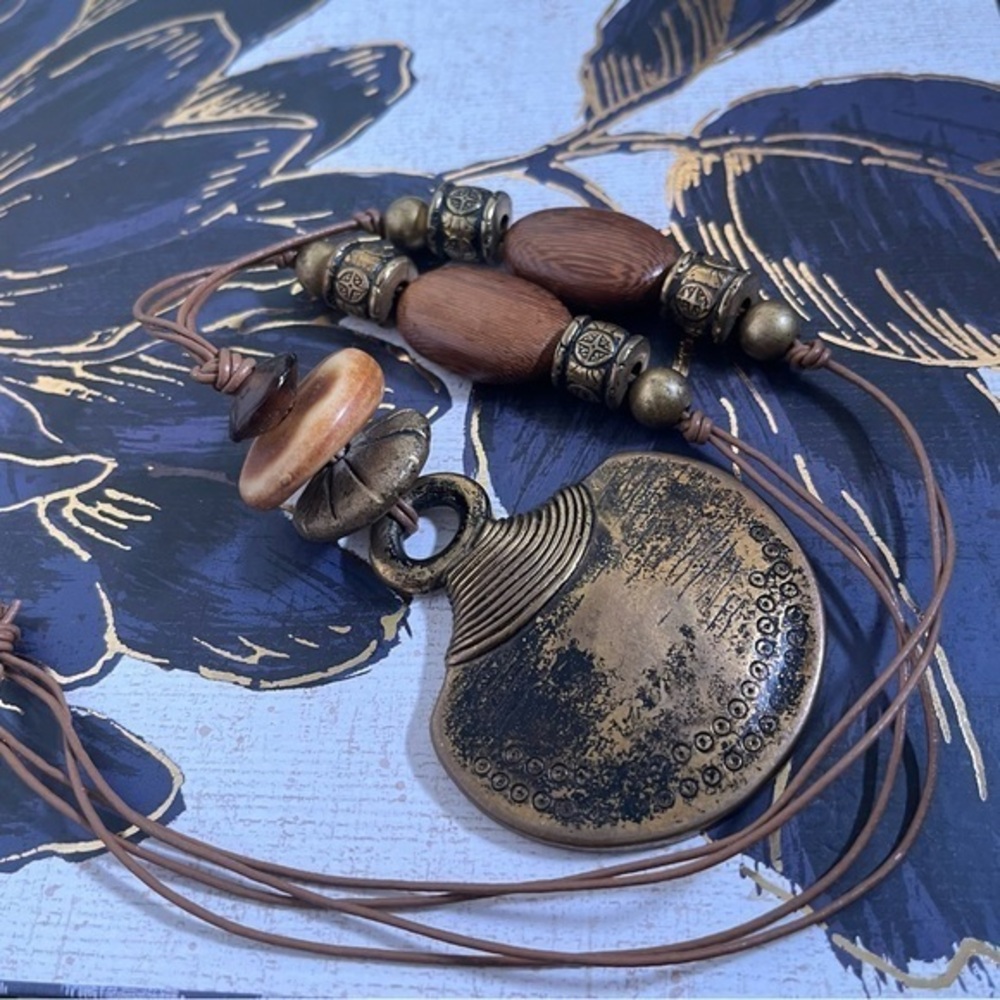 Vintage HUGE Tribal Bohemian Bronze and Wood Beaded Pendant Necklace A1